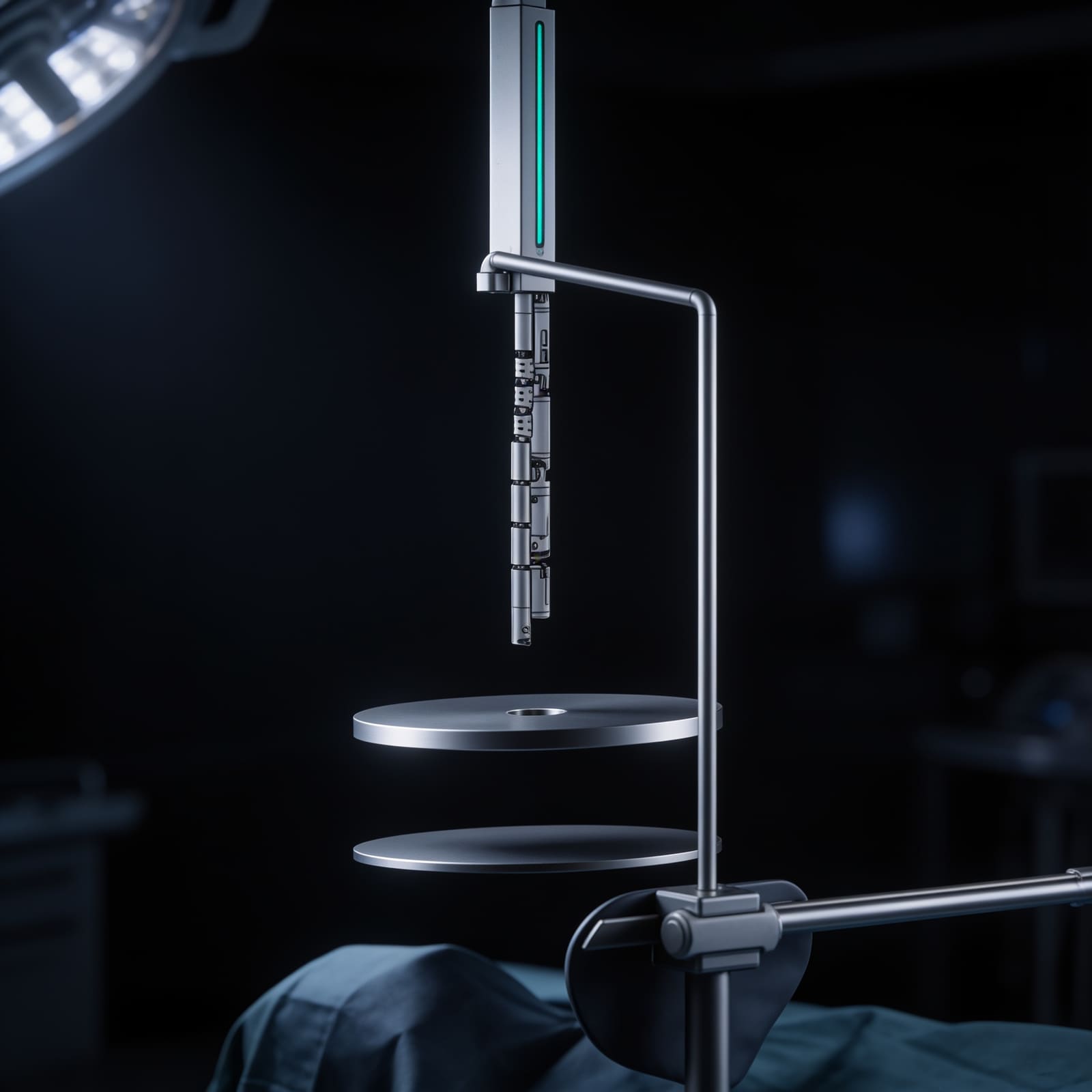 Visualizzazione dal brevetto: la guida di inserimento cala il robot ripiegato sopra il tavolo operatorio