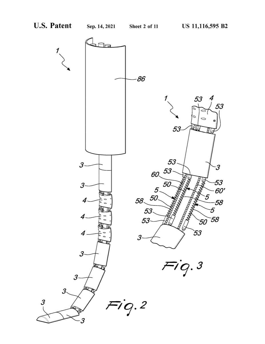 Tavola brevettuale ufficiale: Fig. 2 e 3 della guida a corpi rigidi dritti e curvi del brevetto US 11.116.595 B2